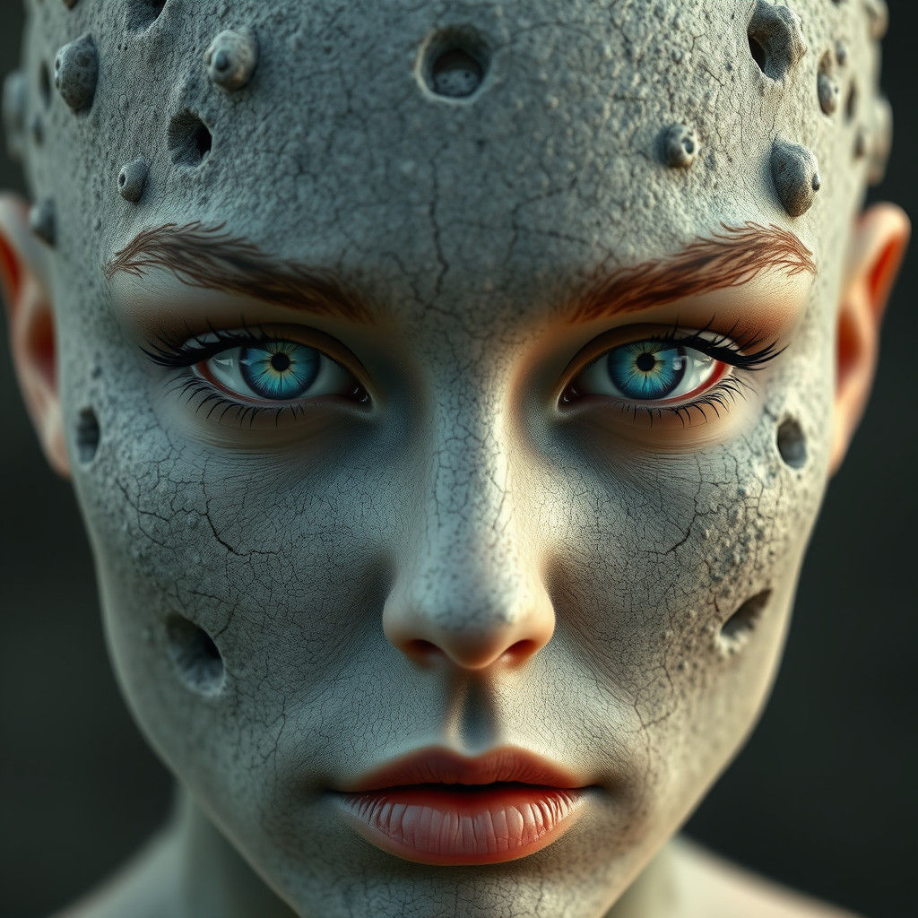 Surreal Stone Goddess with Vibrant Blue Eyes