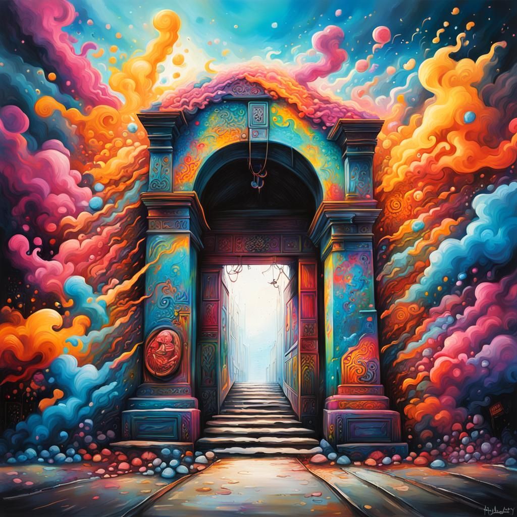 Vibrant Entrance to Divine Realm in Graffiti and Splash Art