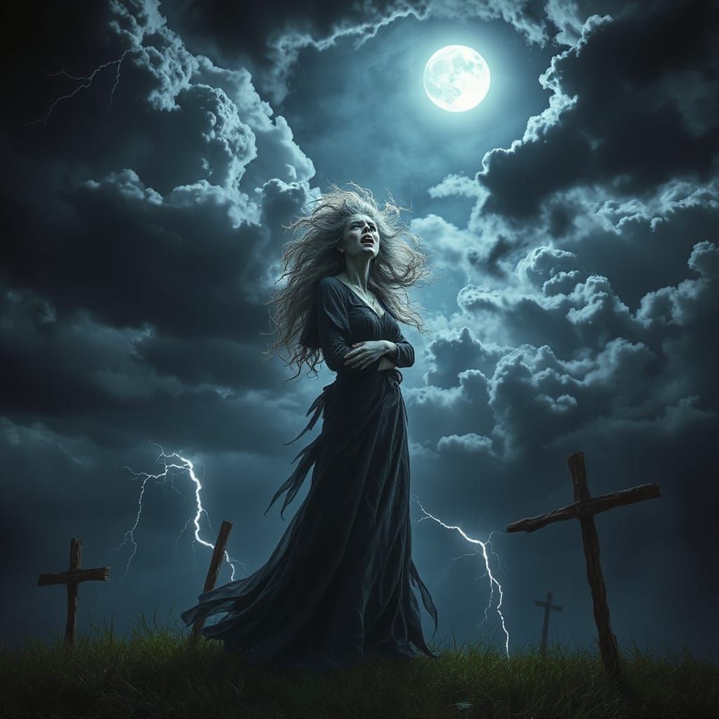 Sorrowful Banshee in Stormy Moonlight, Dark Fantasy Art