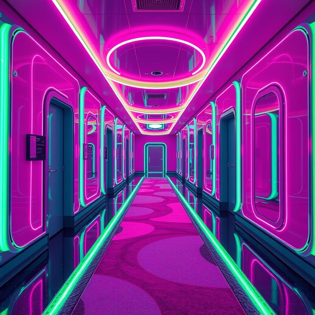 Neon Dreams in a Futuristic Hotel Aisle