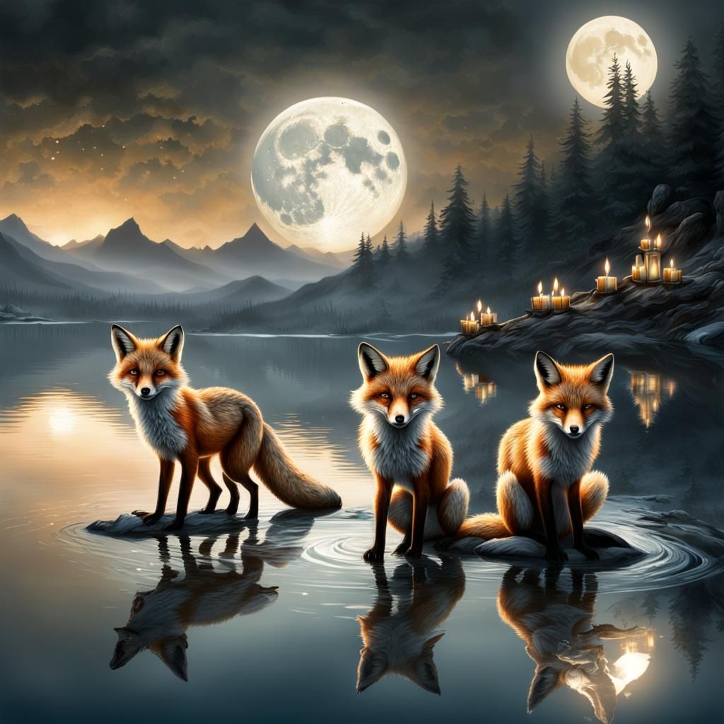 Three Young Foxes Dancing Under a Moonlit Lake