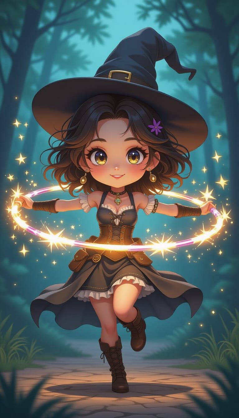 Chibi Witch Hula Hooping with Magic Sparks