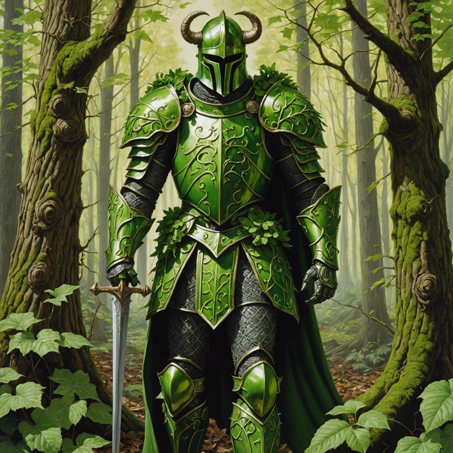 Epic Green Knight in Classical Aesthetic Oil on Canvas Art