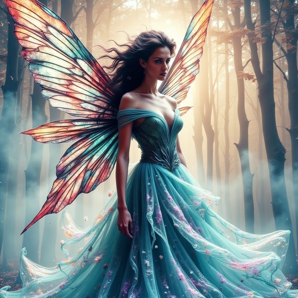 Ethereal Fairy Dances with Darkness in Iridescent Gown