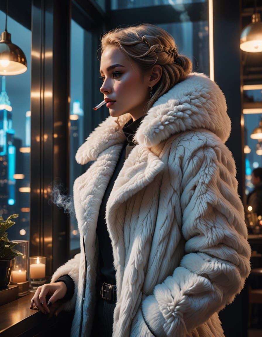 Ethereal Woman in Fur Coat by Futuristic City Window
