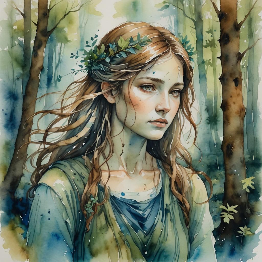 watercolour of Artemis in the forest, faded portrait, greens, browns, blues, gentle calm serene look, hair flowing, wate...