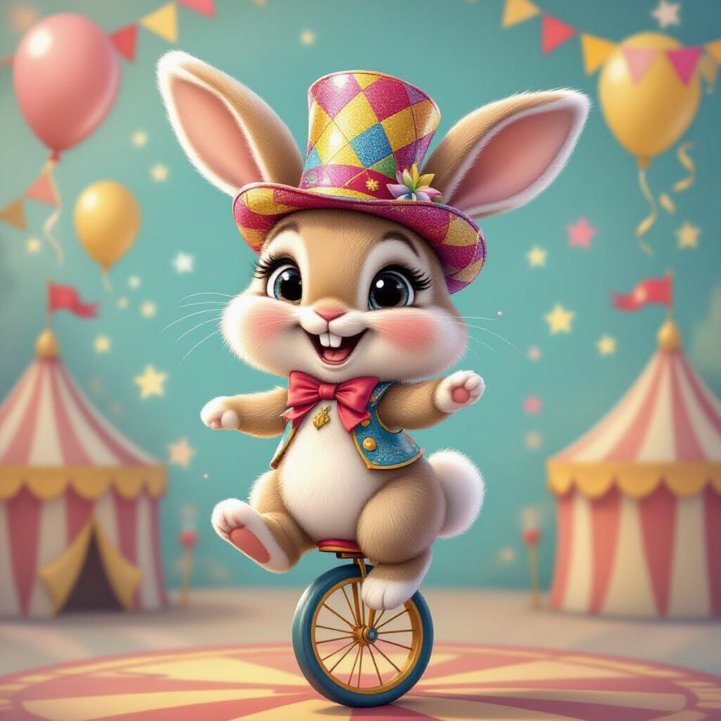 Cute Bunny Rabbit Riding a Unicycle in Circus Style