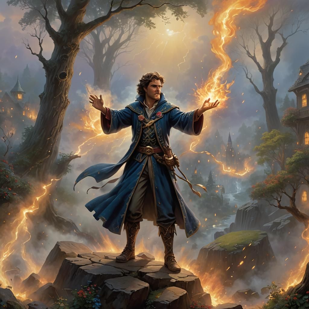 Young Wizard Conquers Darkness in Ethereal Fantasy Art