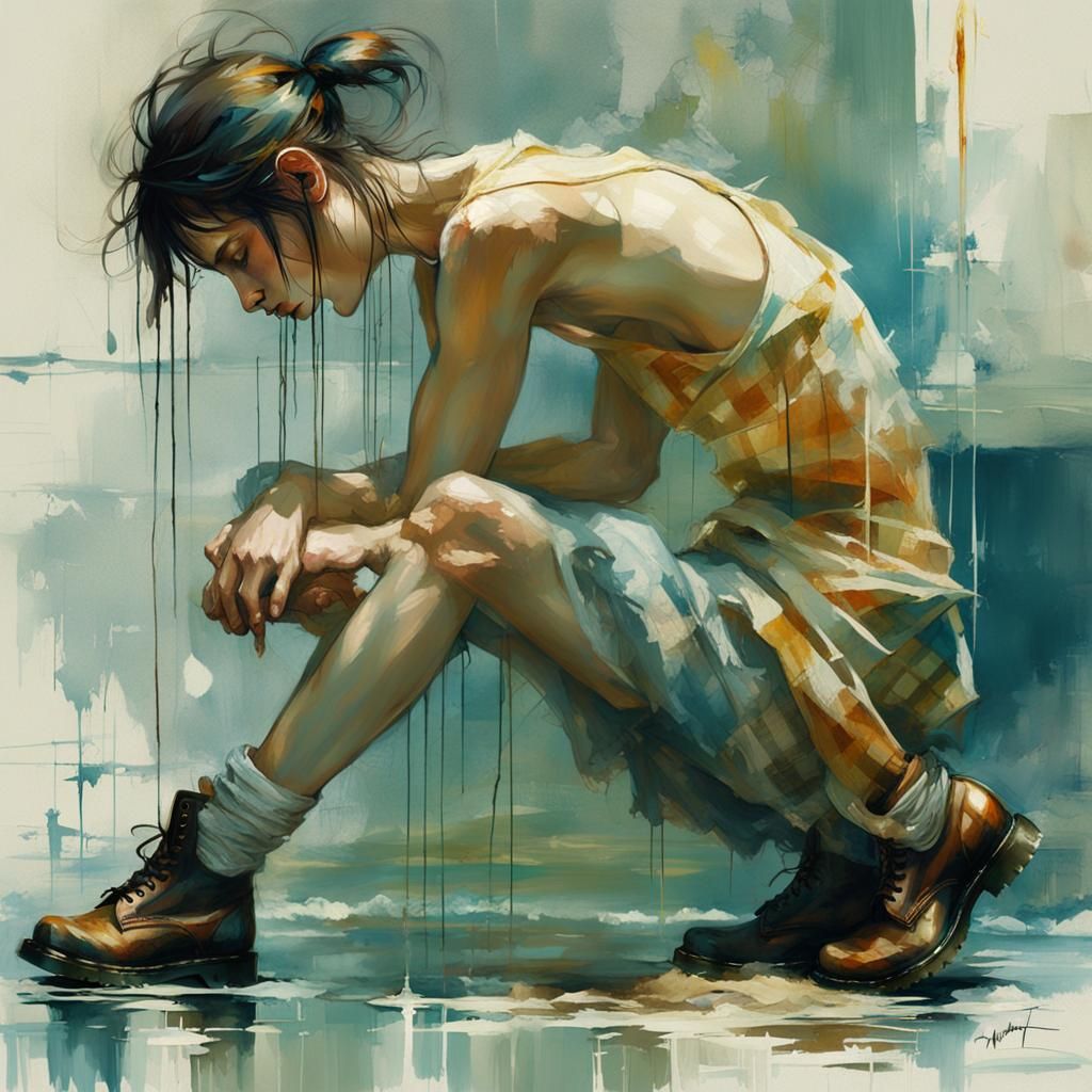 A Plaid Beauty in Mid-Gesture, Captured in Vibrant Stylized...