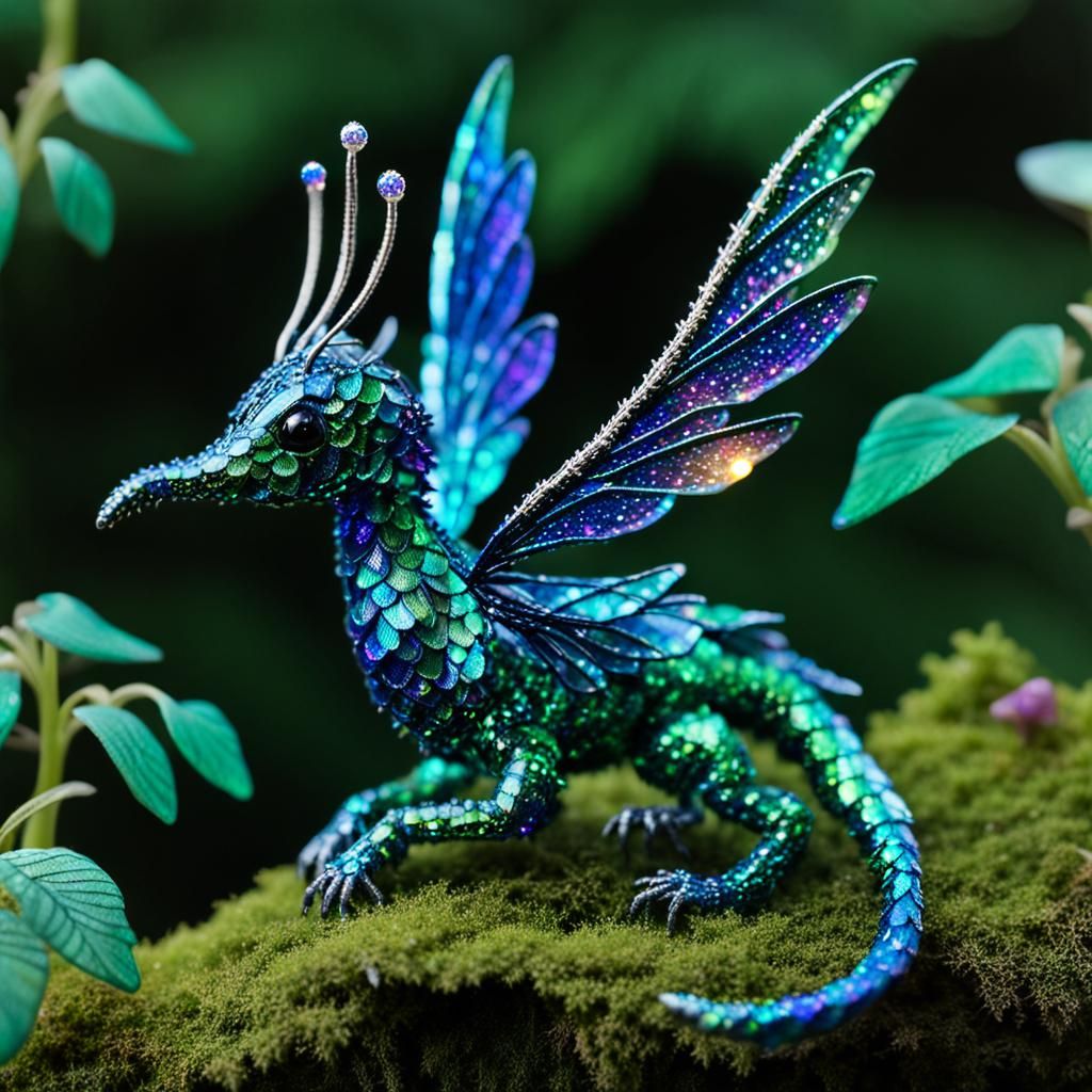 tiny faerie dragon, the size of a hummingbird, with iridesce...