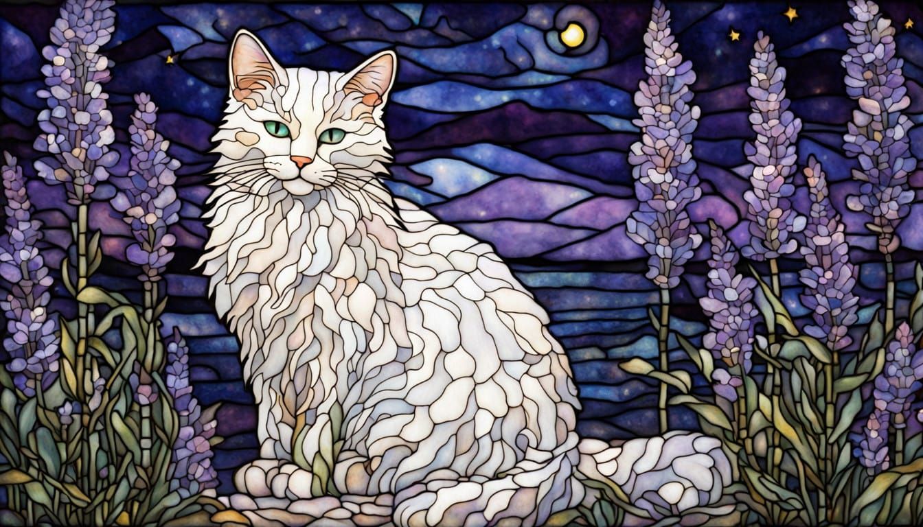 Elegant Lavender Cat in Moonlit Glass Art