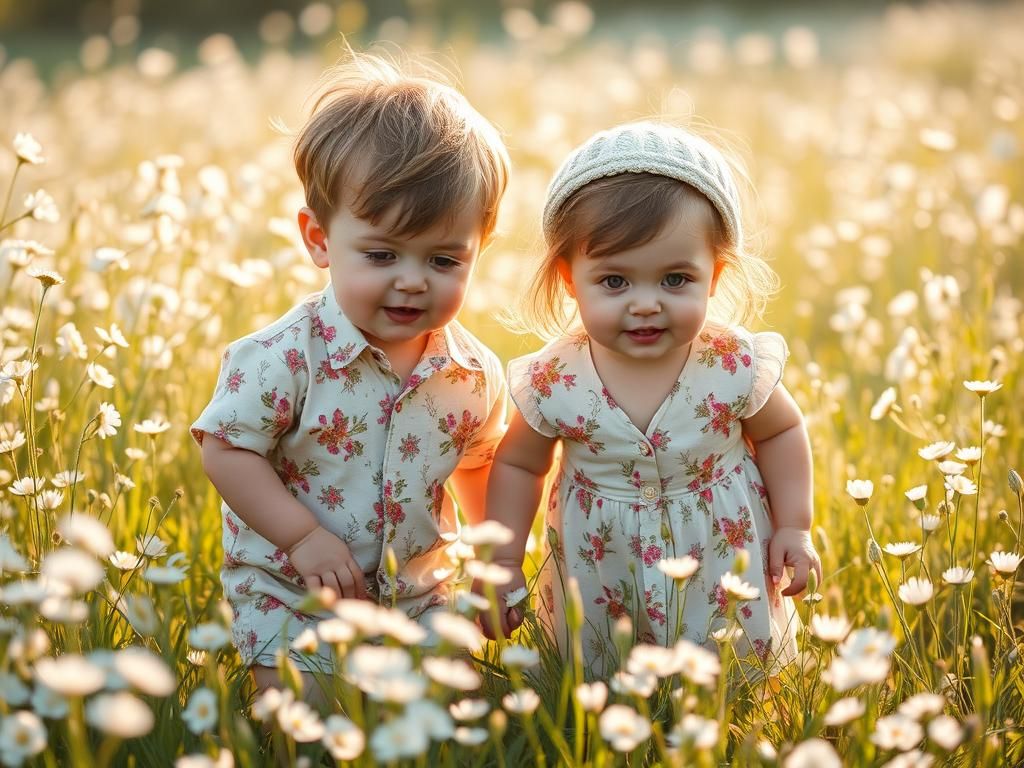 Whimsical Toddler Siblings in a Dreamlike Meadow