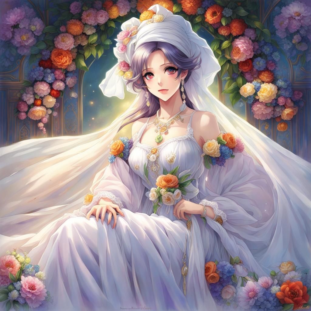 Grand Anime Lady in Vibrant Rainbow Nightgown