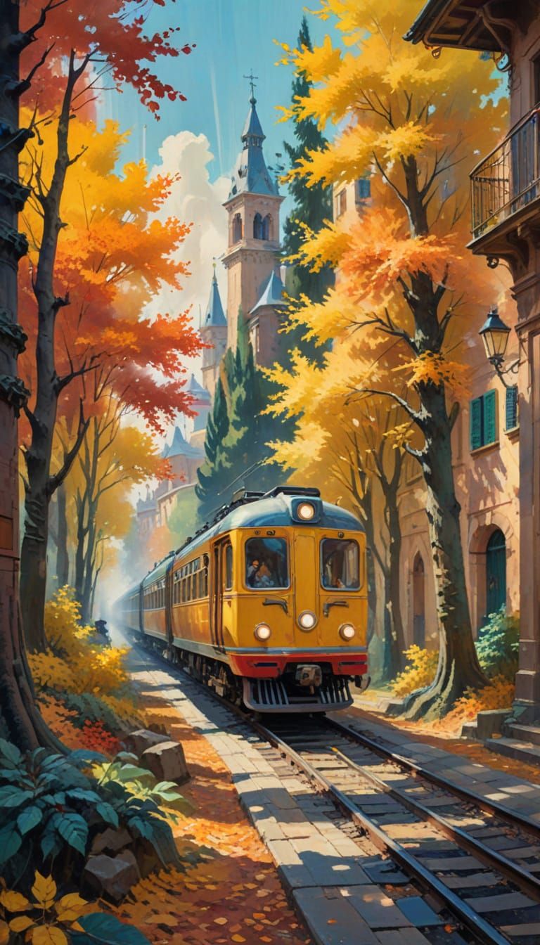 Impressionist, train speeds through autumn forest ...