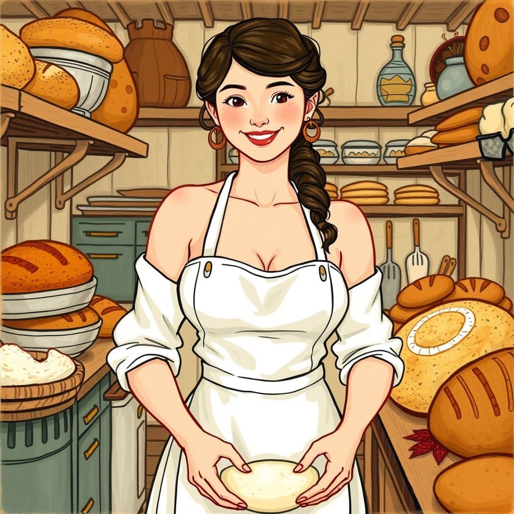Bare-Chested Baker in Whimsical, Golden Bakery