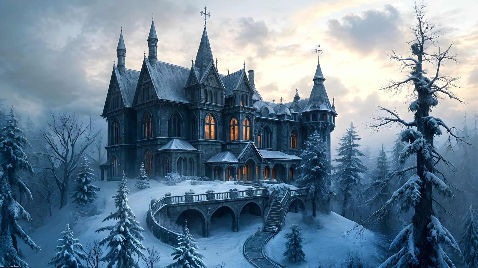 Icy Gothic Mansion in Winter Wonderland Scene