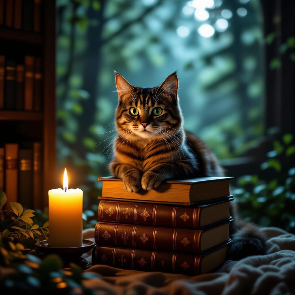 Cozy Cat in Magical Library, Cinematic Lighting