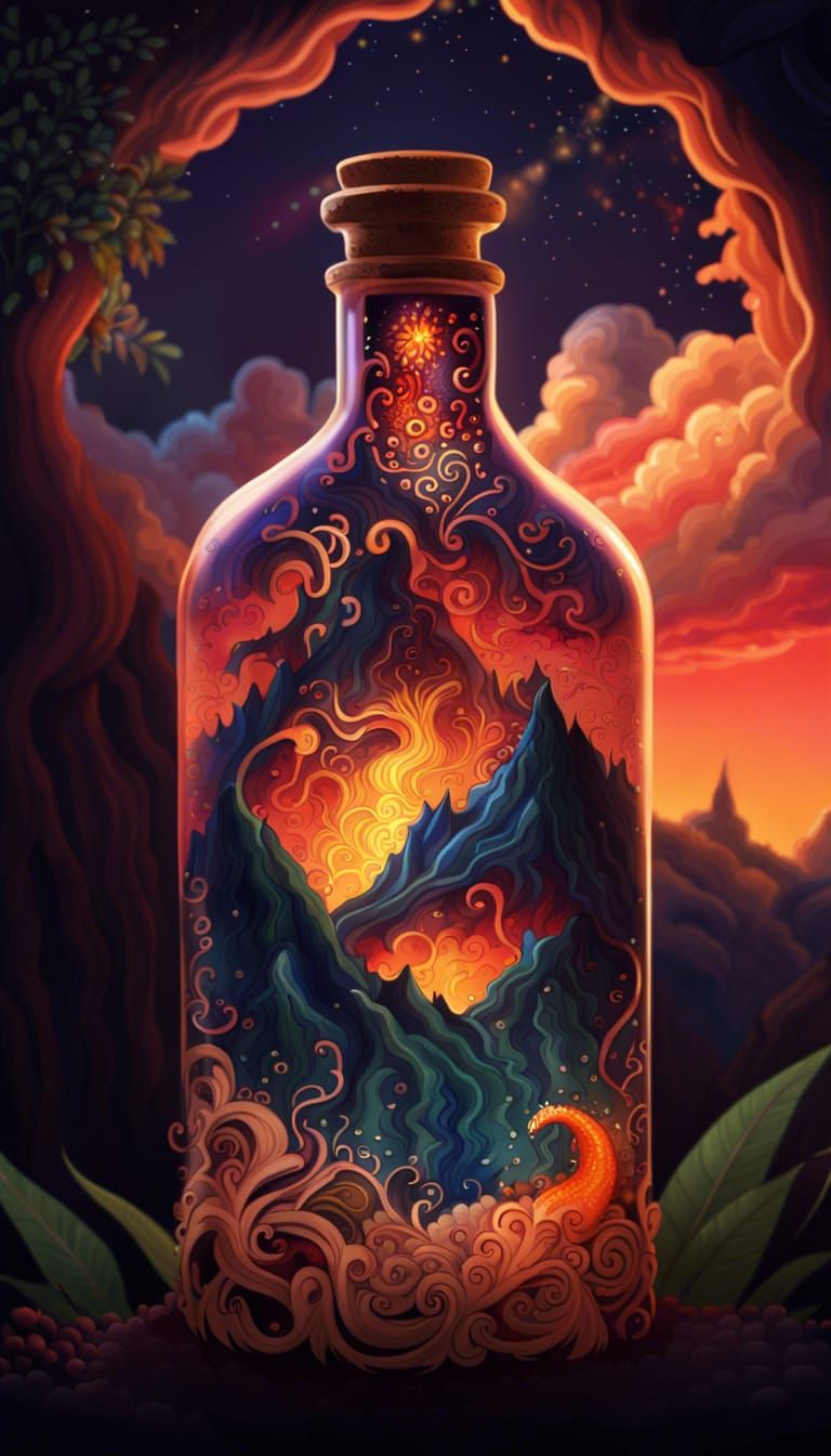 Fantastical Jungle Volcano in a Majestic Bottle