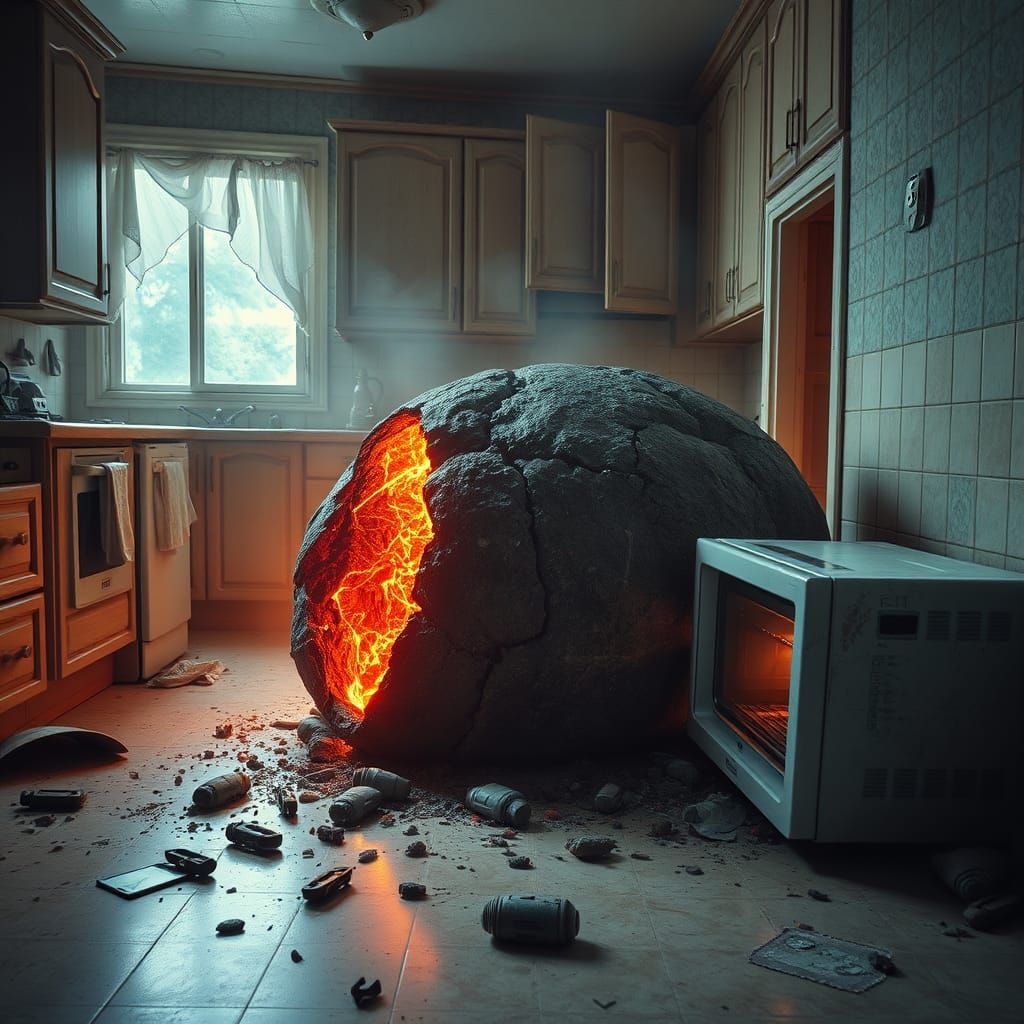Surrealist Kitchen Apocalypse with Smoldering Meteor and Man...