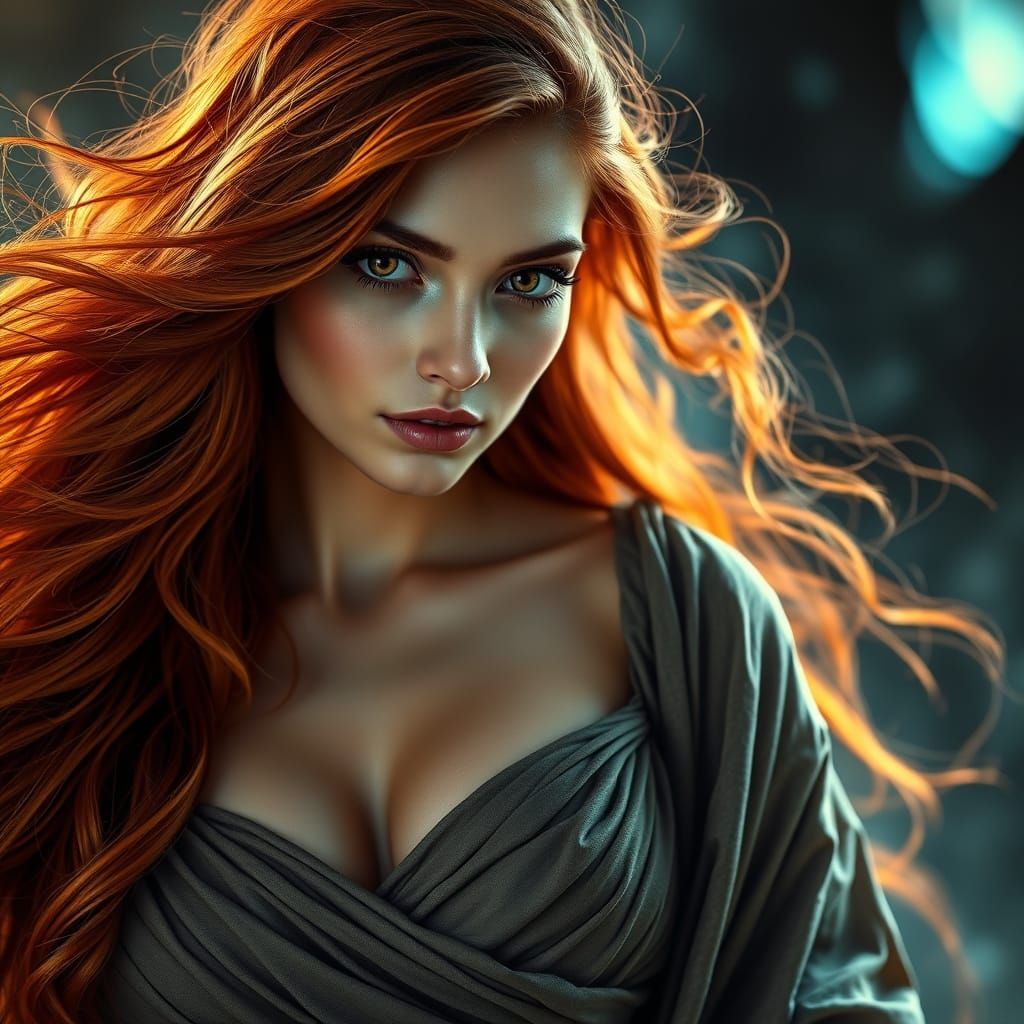 Woman with Auburn Hair Exuding Arcane Power