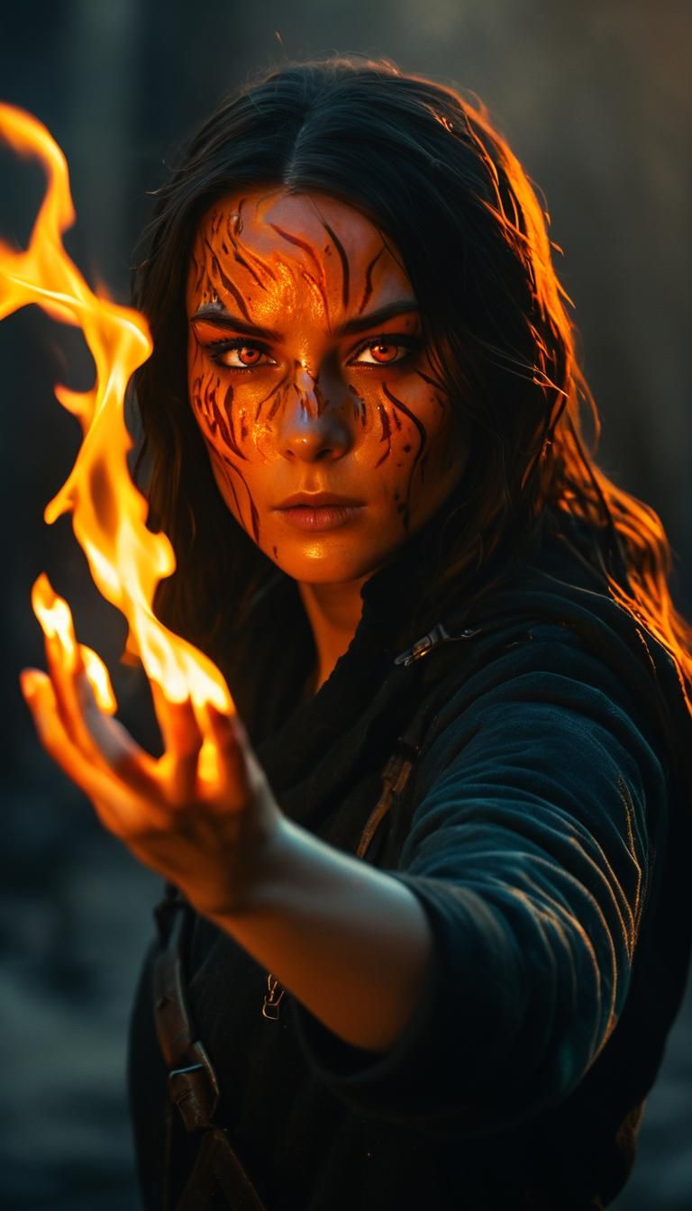 Ethereal Fire Witch Captured in Macro Cinematic Style