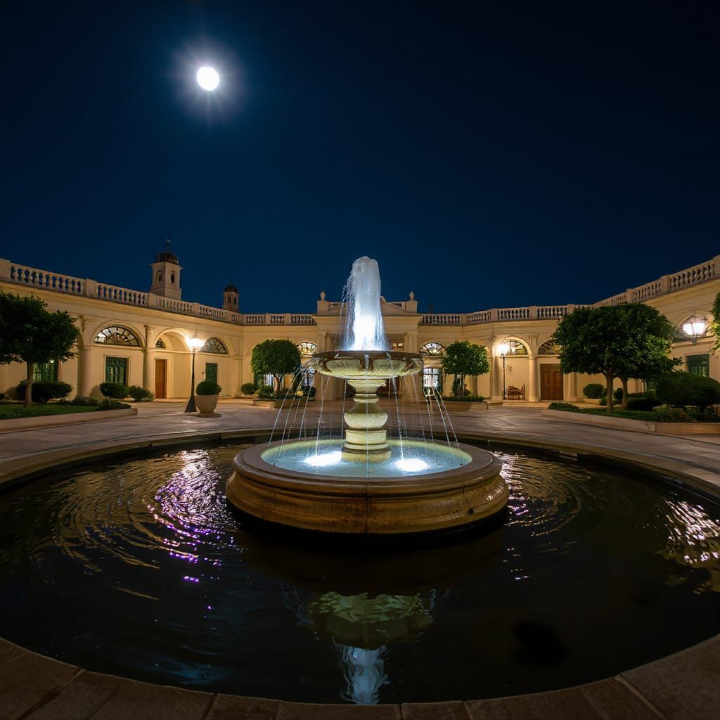Glowing Fountain in Moonlit Courtyard