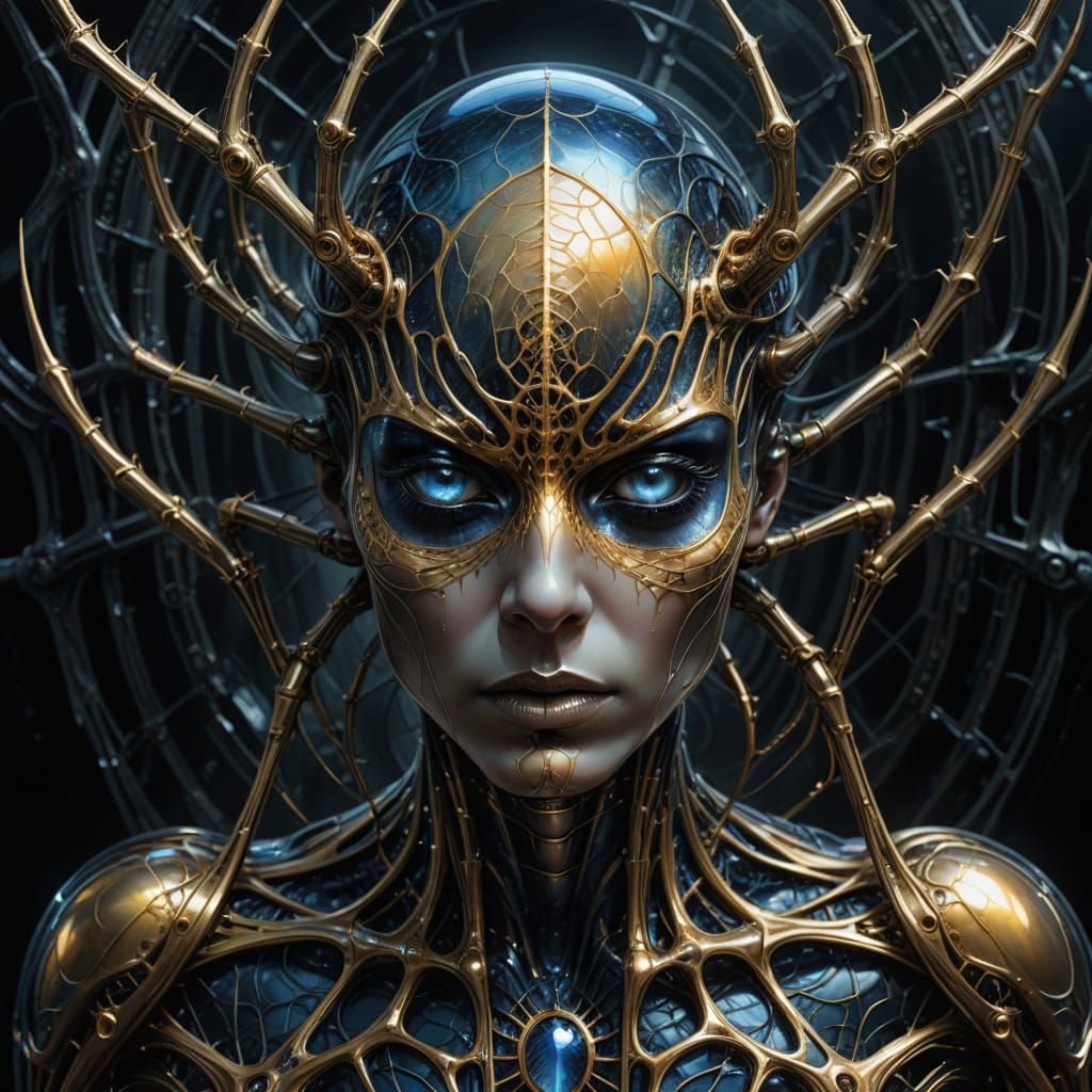 Surreal, Dreamlike Portrait of a Bioluminescent, Gold-Spider...