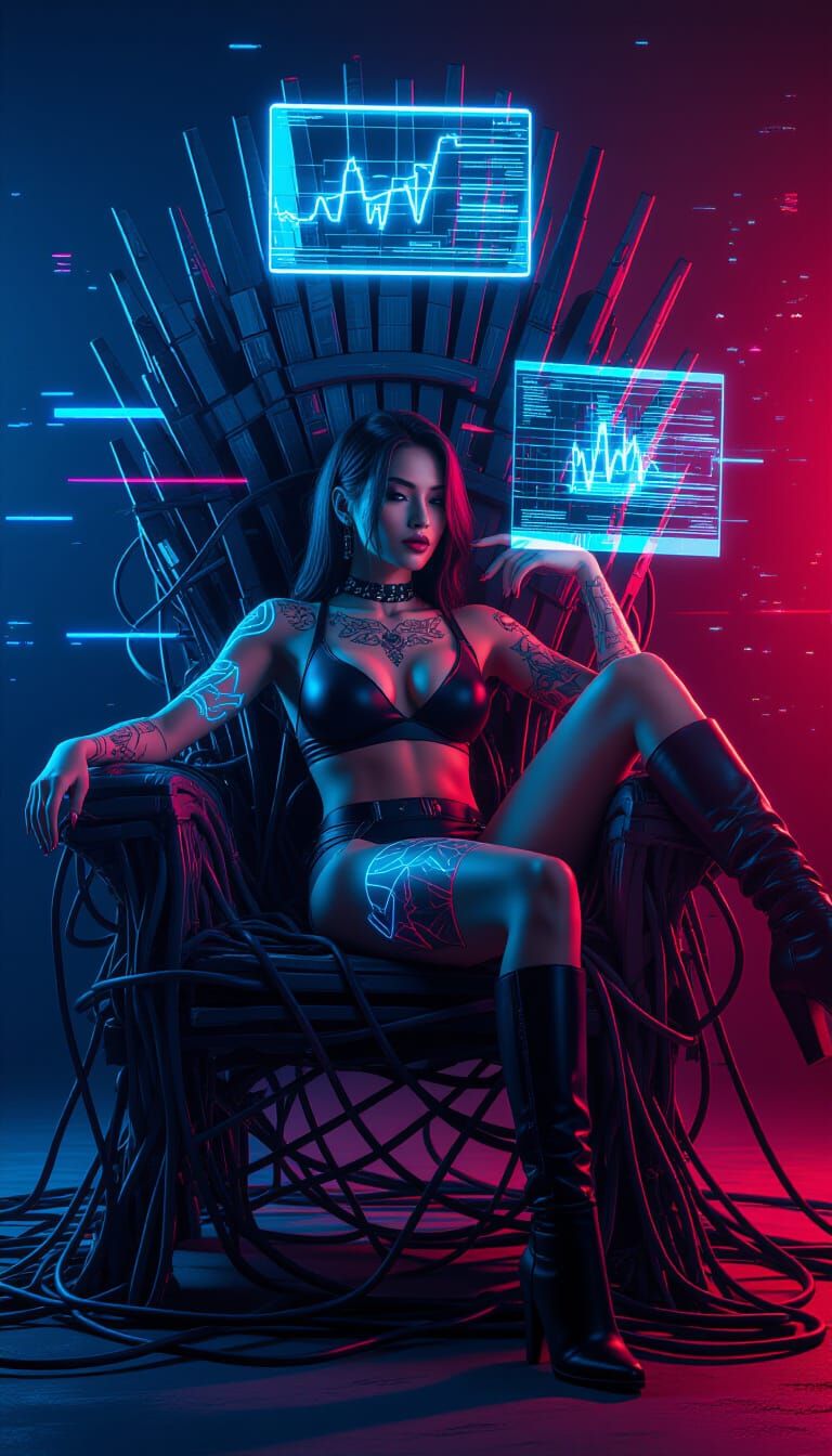 Futuristic Woman on Throne of Wires and Screens