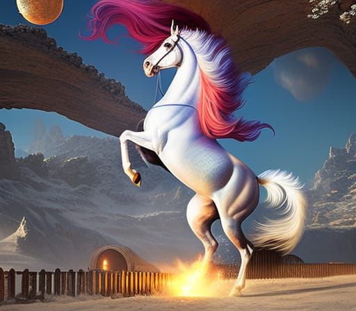 Fiery White Stallion Digital Painting, Volumetric Lighting