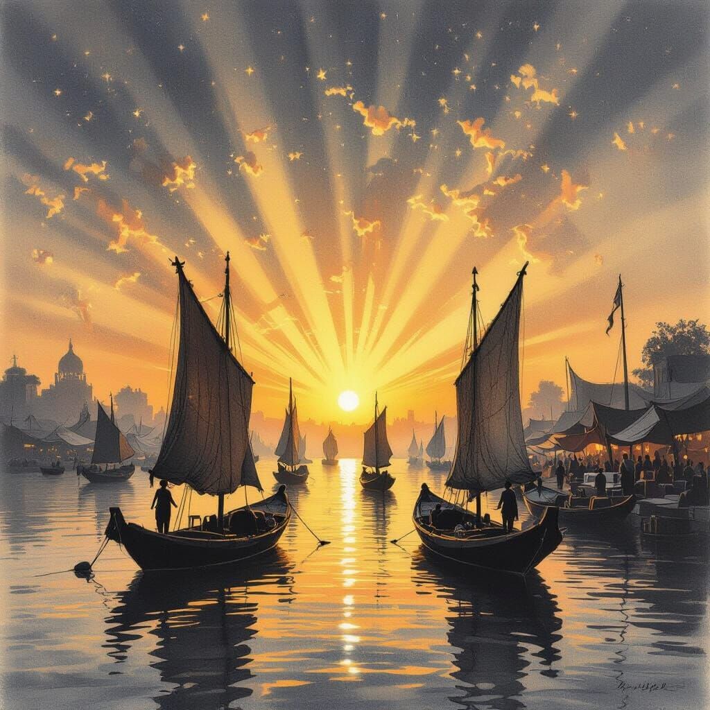 Silk Merchant Boats at Dawn, Charcoal Drawing Style
