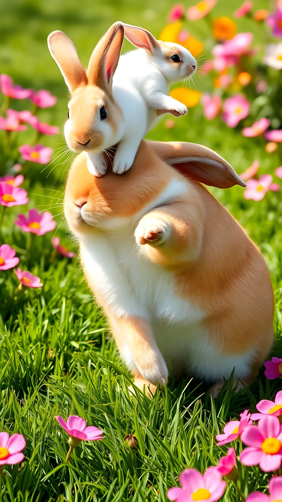 Playful Rabbits Binkying in a Flower Garden