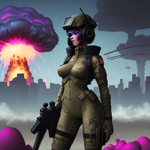 Graffiti Cityscape in Ruin, Futuristic Warrior Emerges