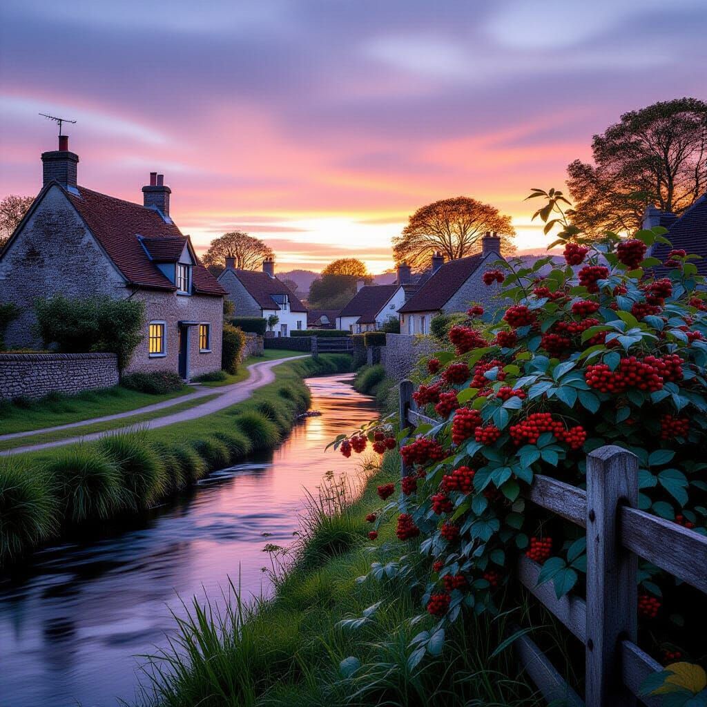 A rural village scene at dusk
