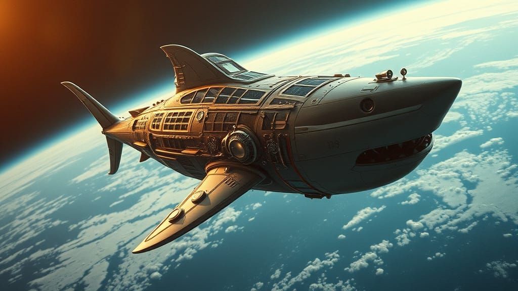 Steampunk Shark Spaceship Orbits Earth in Cinematic Style