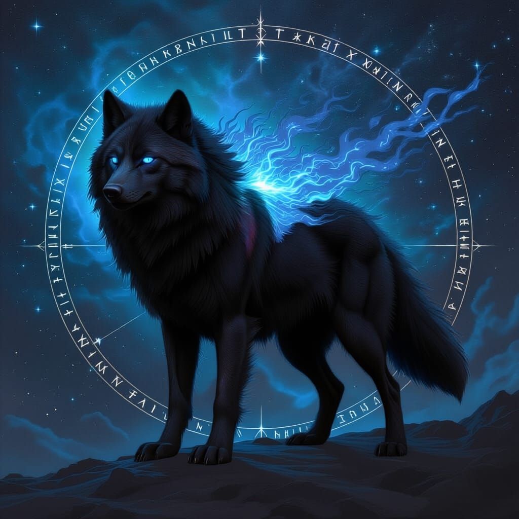 Cosmic White Wolf Amidst Nebula, Black Flames & Stardust