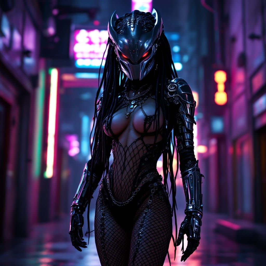 Cyberpunk Predator Yautja in Futuristic Dystopian Alleyway