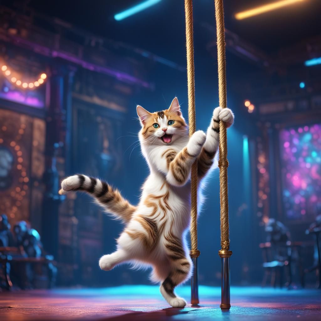 an smiling american long haired cat swinging with one paw  doing a pole dance