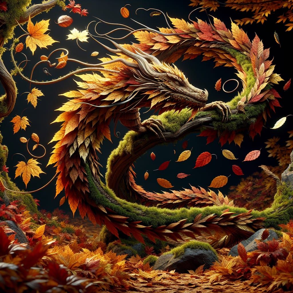 Ancient European Fantasy Leaf Dragon in Autumn Splendor