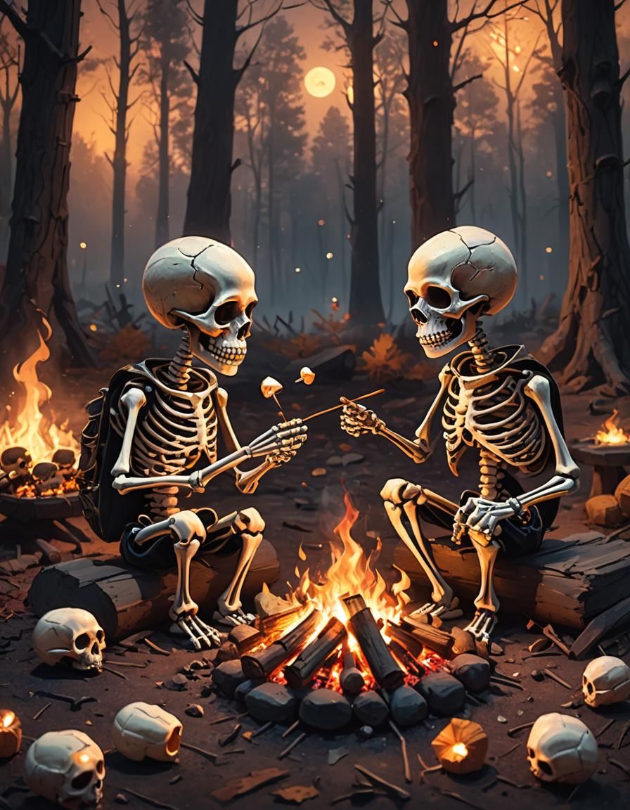 Dark Fantasy Skeletons Roasting Marshmallows in Warm Golden....