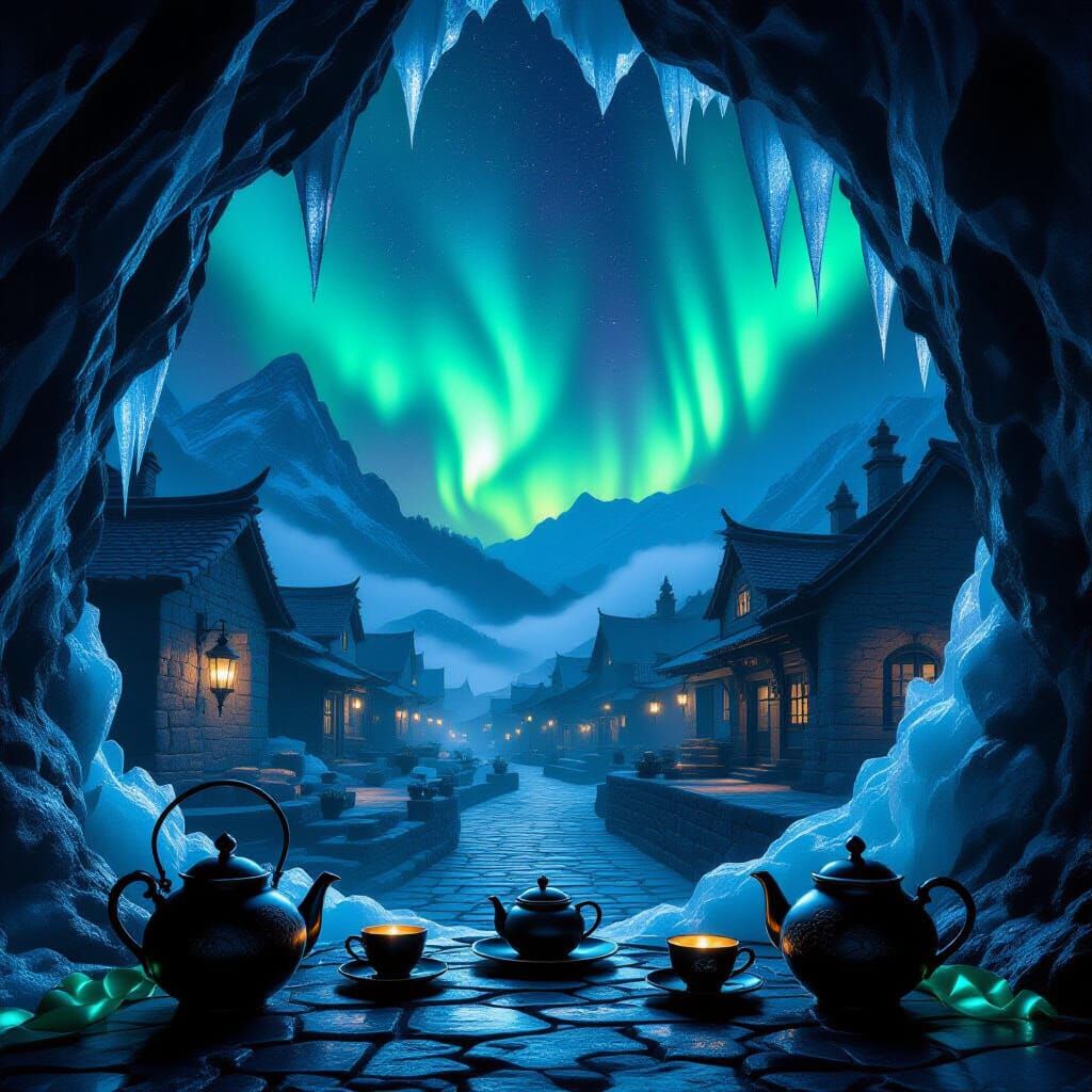 Elegant Teapots Under Dark Aurora Sky in Moody Lighting