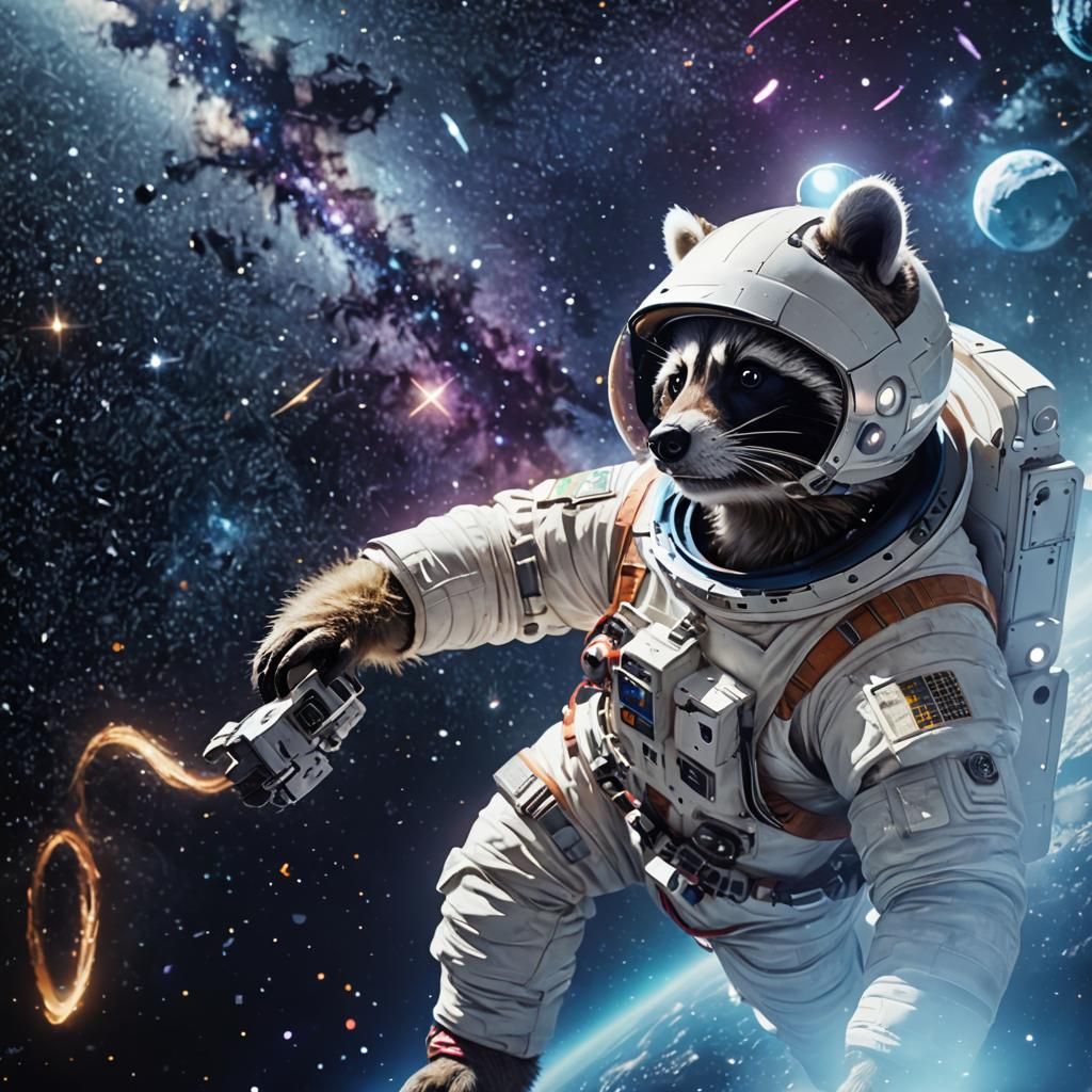 Cosmic Raccoon in Shining White Spacesuit amongst Vibrant St...