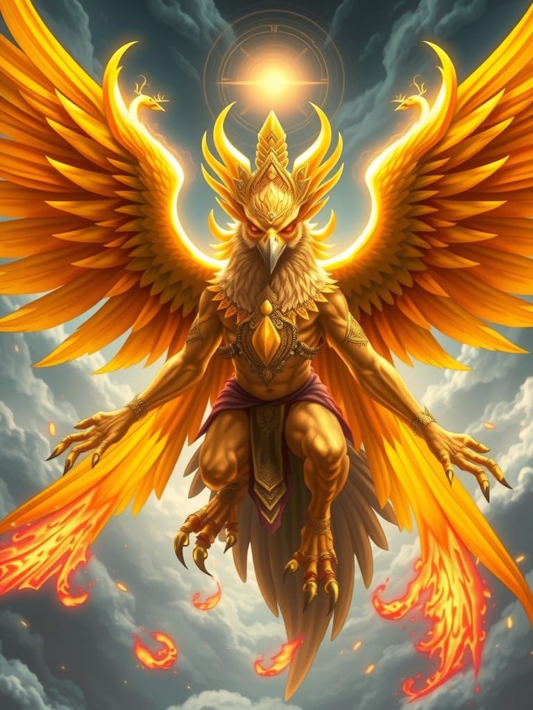 Majestic Garuda Deity Takes Flight in Heavenly Realm