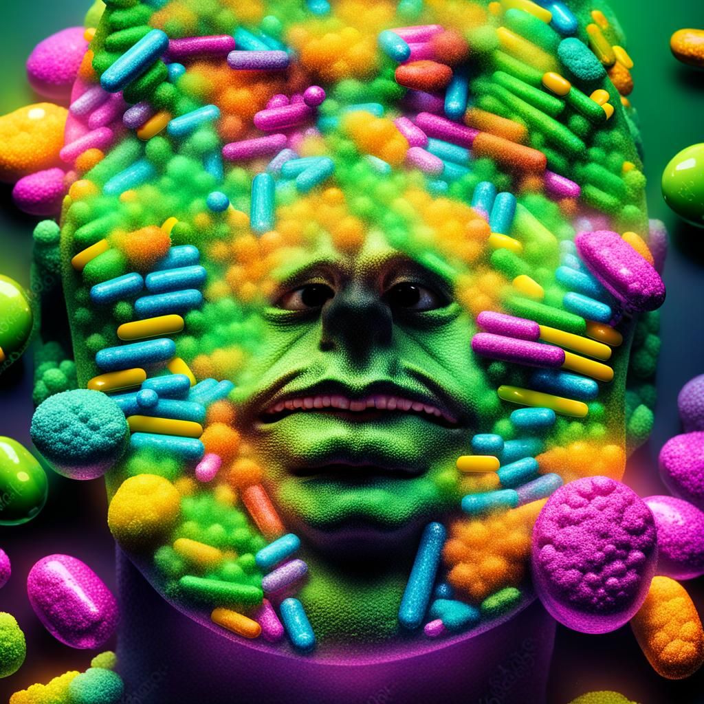 Surreal Pop Art Masterpiece: Pill-Faced Portrait in Dreamlik...