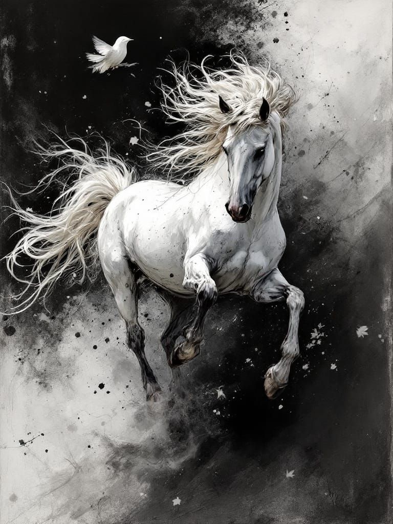 Majestic White Horse in Dramatic Monochromatic Light
