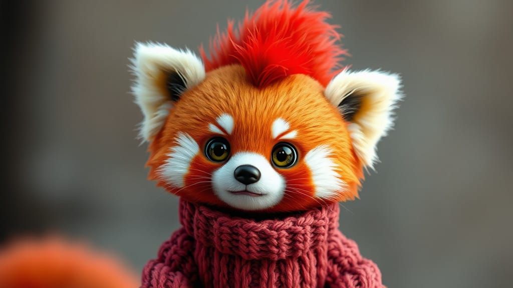 Whimsical Red Baby Panda with Hand-Knitted Yarn Sweater