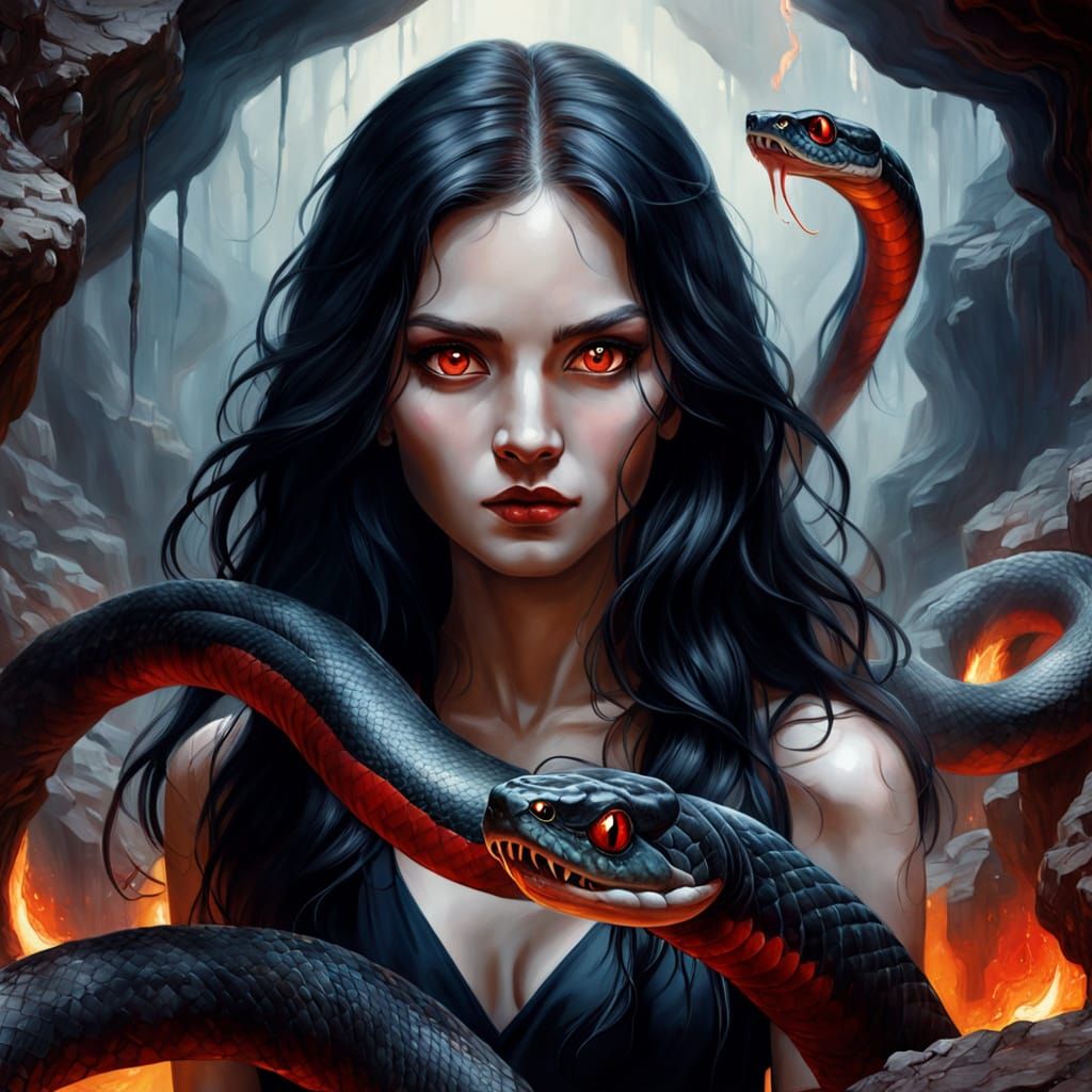 Ethereal Snake Woman in Mystical Oil Painting