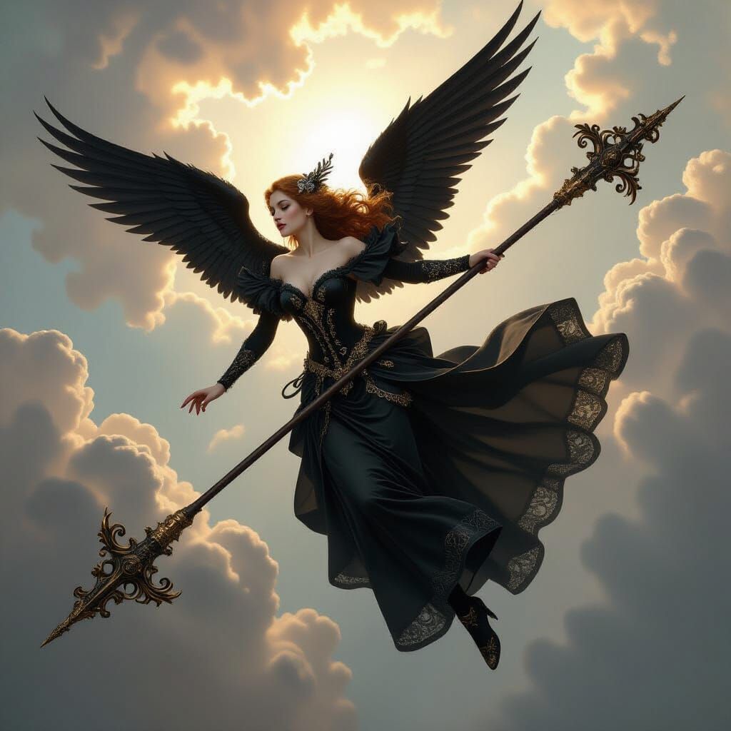 Ethereal Angel in Baroque Attire Soars Through Celestial Sky