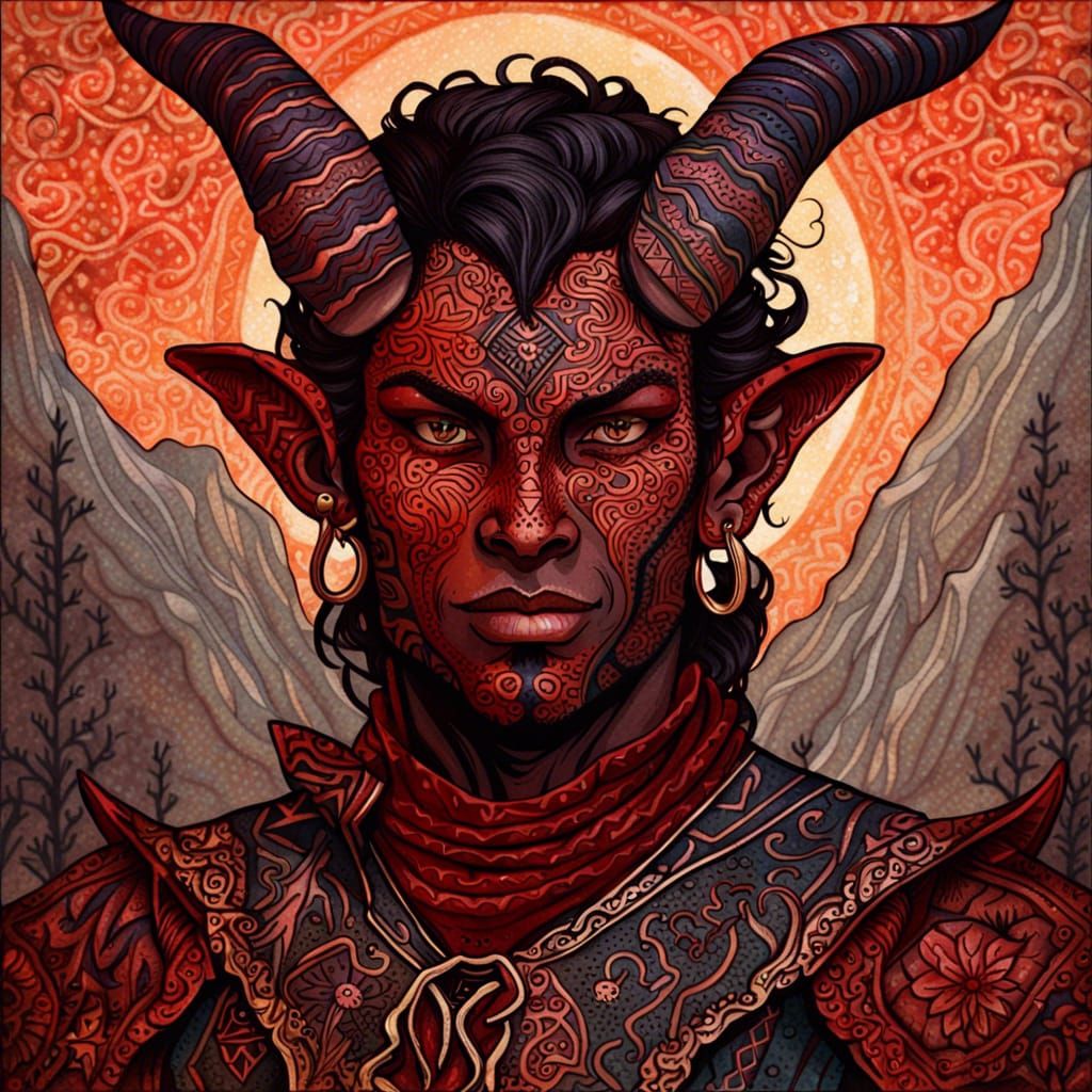 Ethereal Tiefling Ranger in Batik Style