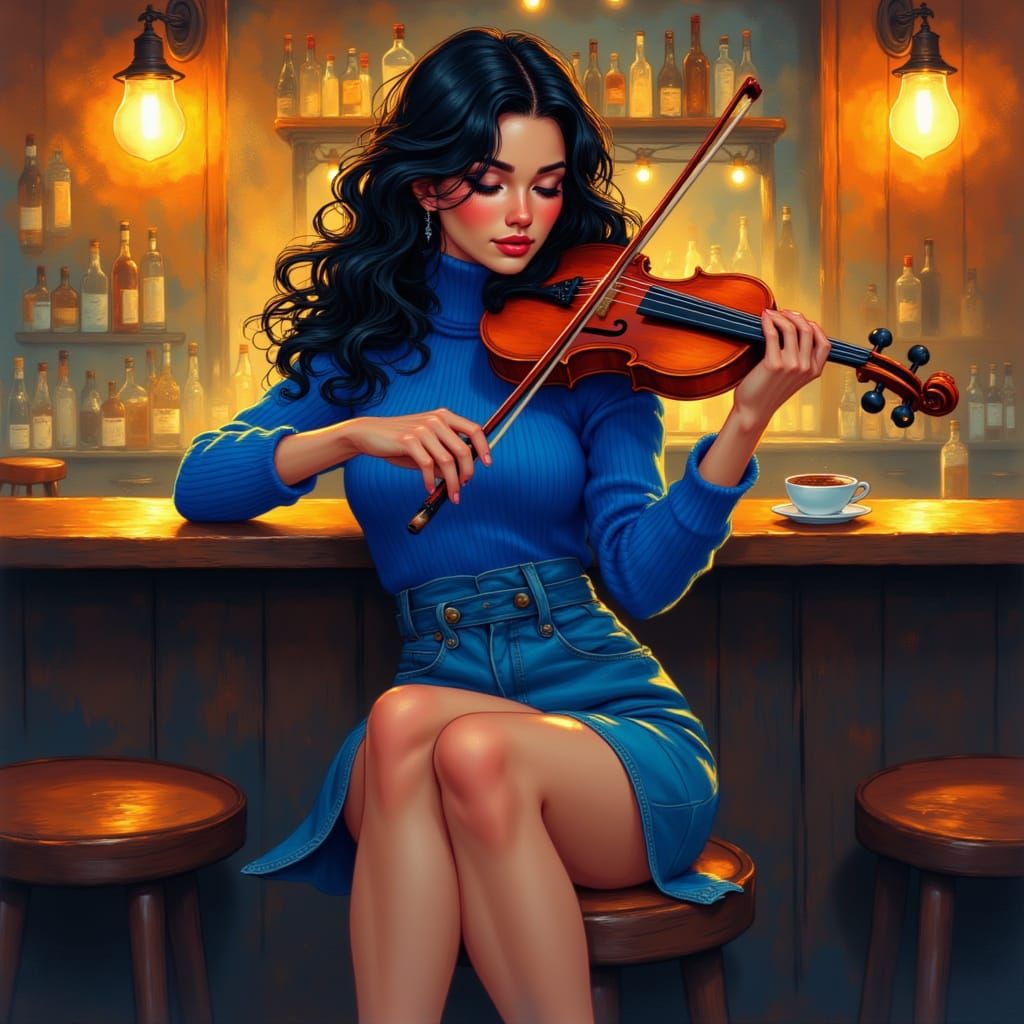 Woman Playing Violin in Bar, Vibrant Watercolor Style