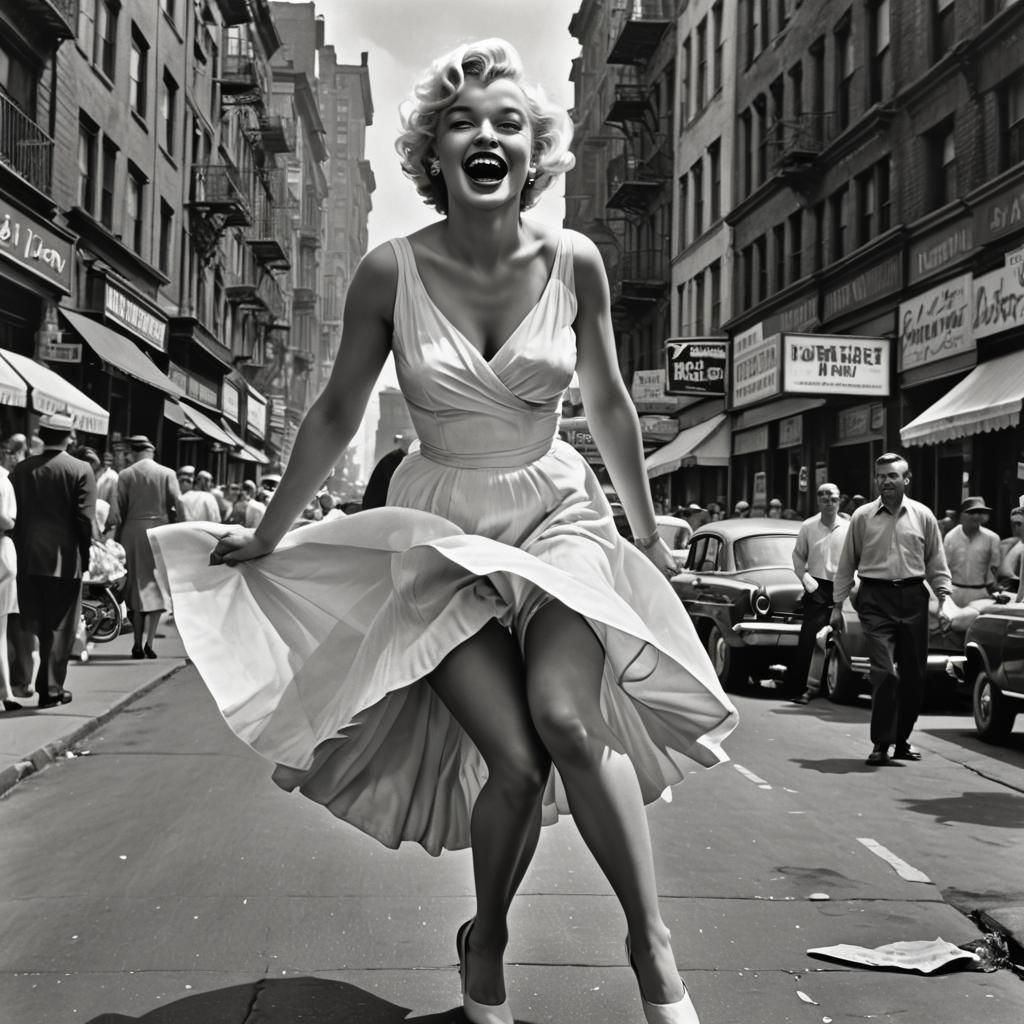 marilyn monroe in a pure white dress as shown in the movie seven year itch, black and white, her white dress blown up by...